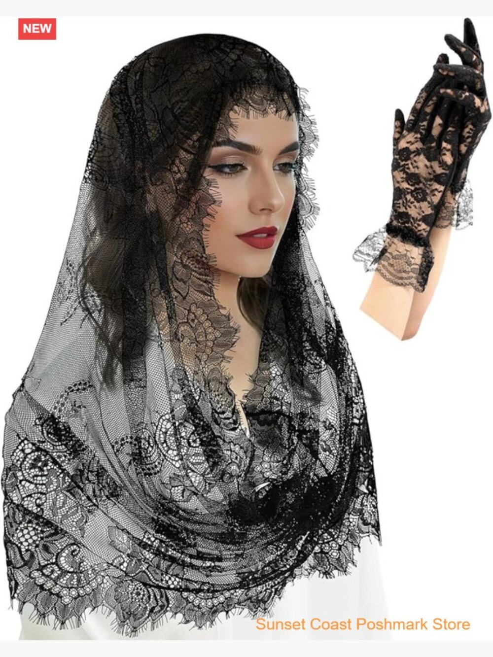 2 Pcs Lace Veil Church Mantilla Bridal Wedding Veil Halloween Gloves